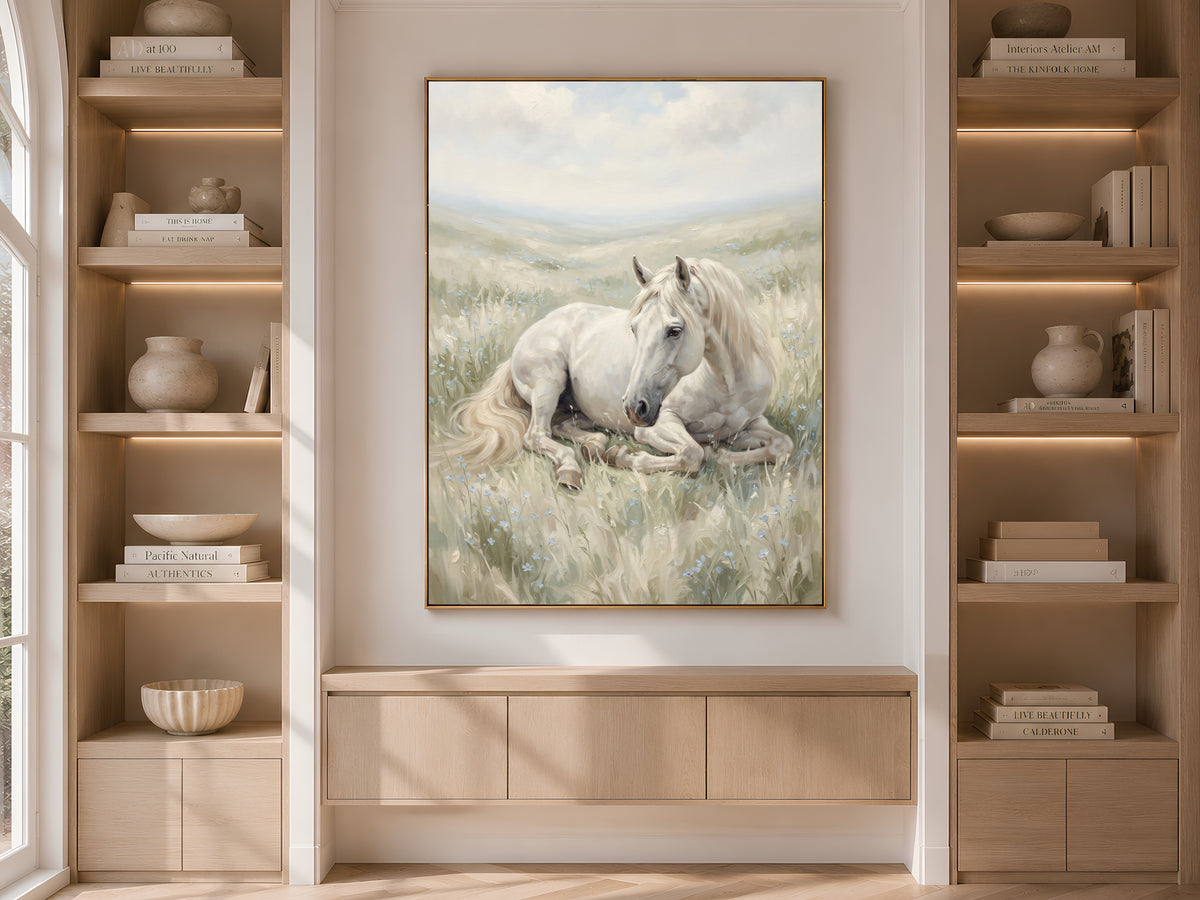 White Horse Wall Art, Wildflower Meadow Oil Painting Print - Digital Download
