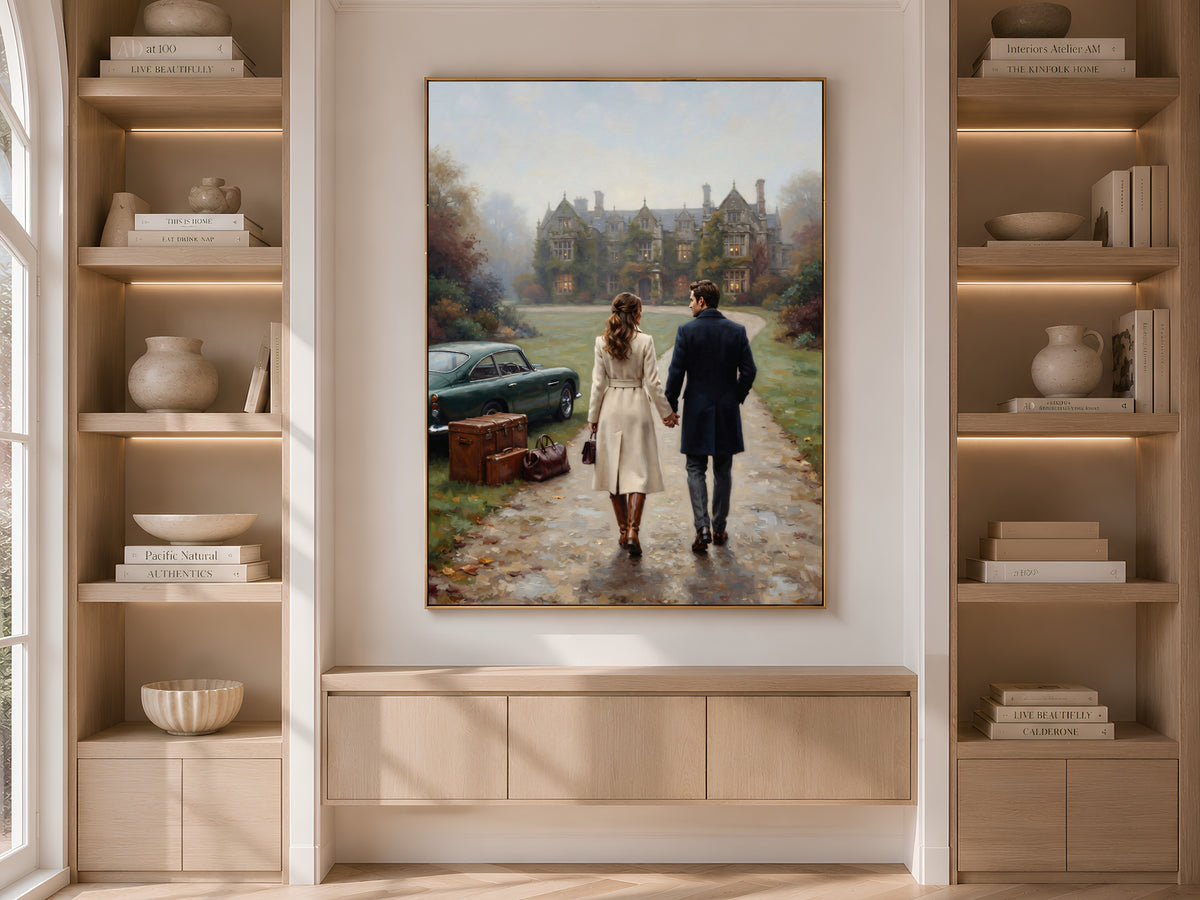 English Manor Estate Wall Art, Autumn Couple Oil Painting Print - Digital Download