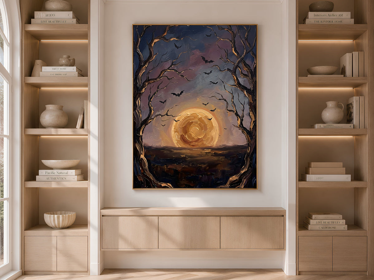 Moon and Bats Wall Art, Impasto Oil Painting Print - Digital Download