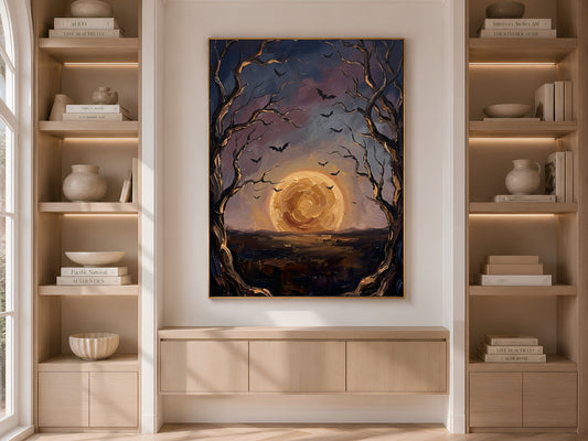Moon and Bats Wall Art, Impasto Oil Painting Print - Digital Download