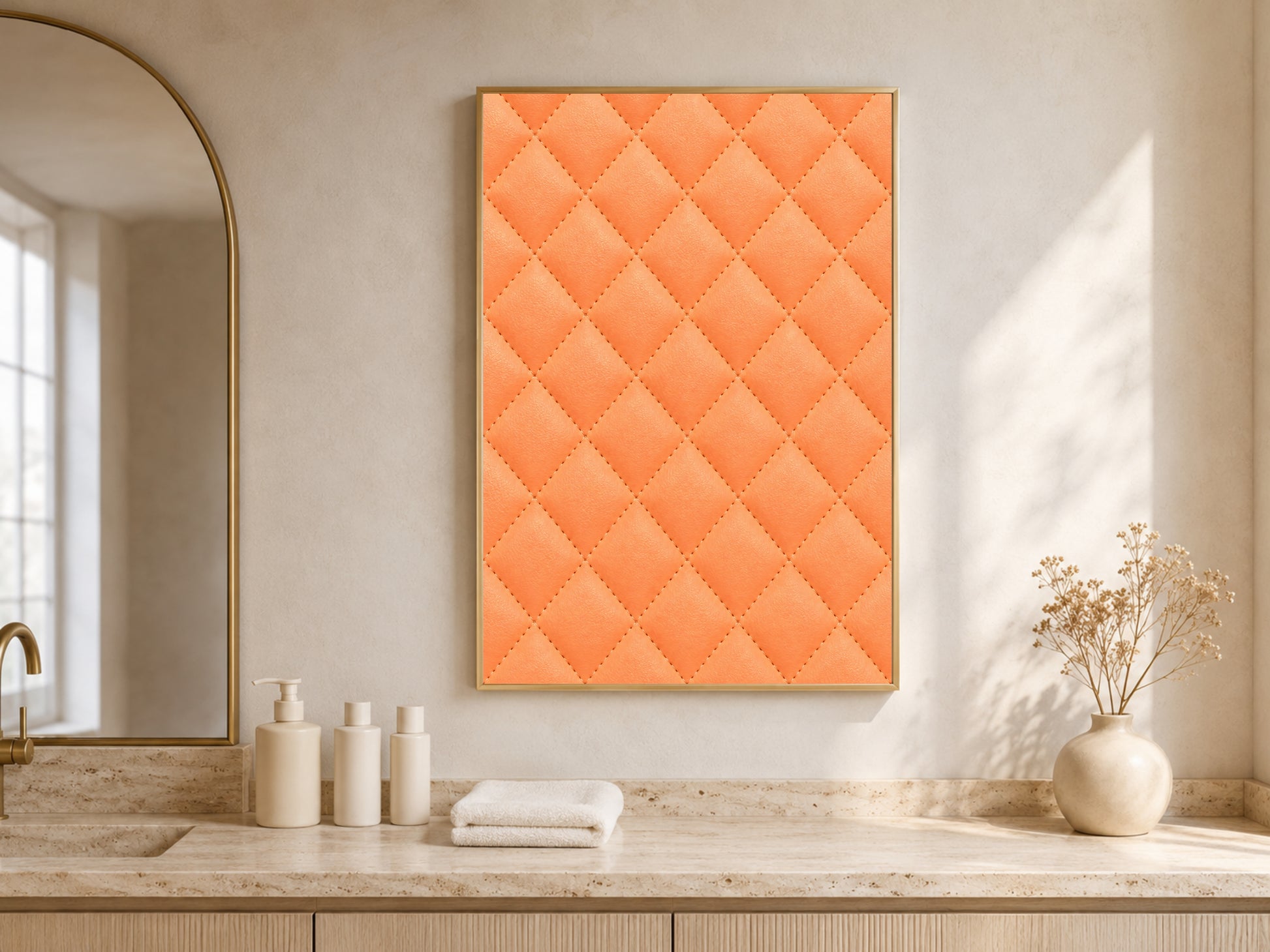 Quilted leather wall art in coral orange framed above a bathroom counter with arched mirror