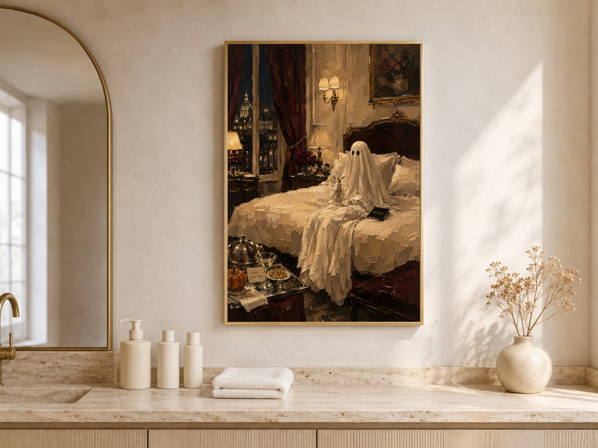 Bathroom with the luxury hotel Halloween print above a stone vanity, styled with towels and a small vase