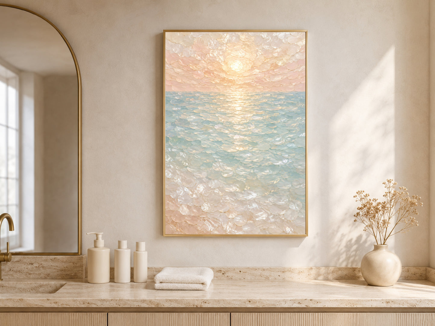 Mosaic Ocean Wall Art, Pastel Sunset Seascape Print - Digital Download