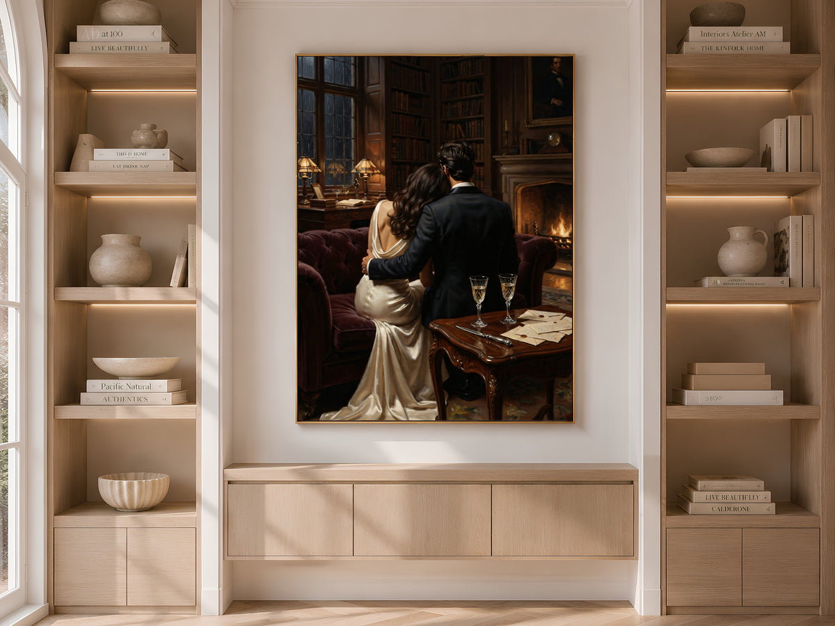 Dark Academia Couple Print, Romantic Victorian Library Wall Art - Digital Download