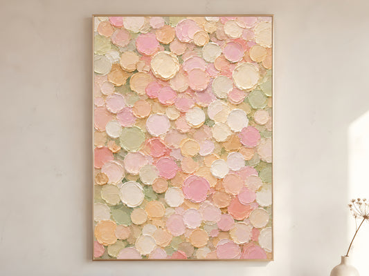 Pastel abstract dots wall art print framed and hanging on a neutral wall with a vase nearby, blush pink, peach, and sage textured circles.
