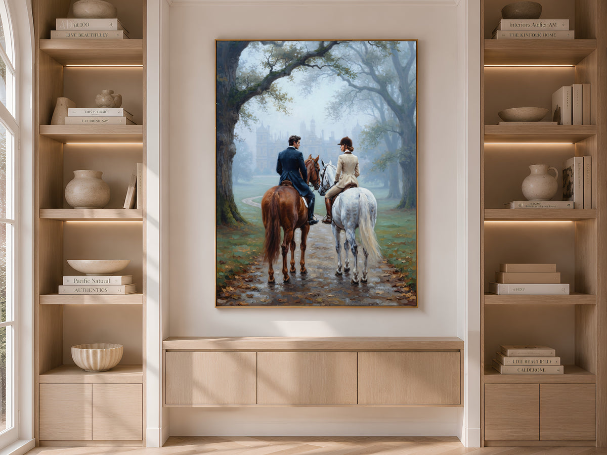 Equestrian Couple Wall Art, Horseback Riding Oil Painting Print - Digital Download