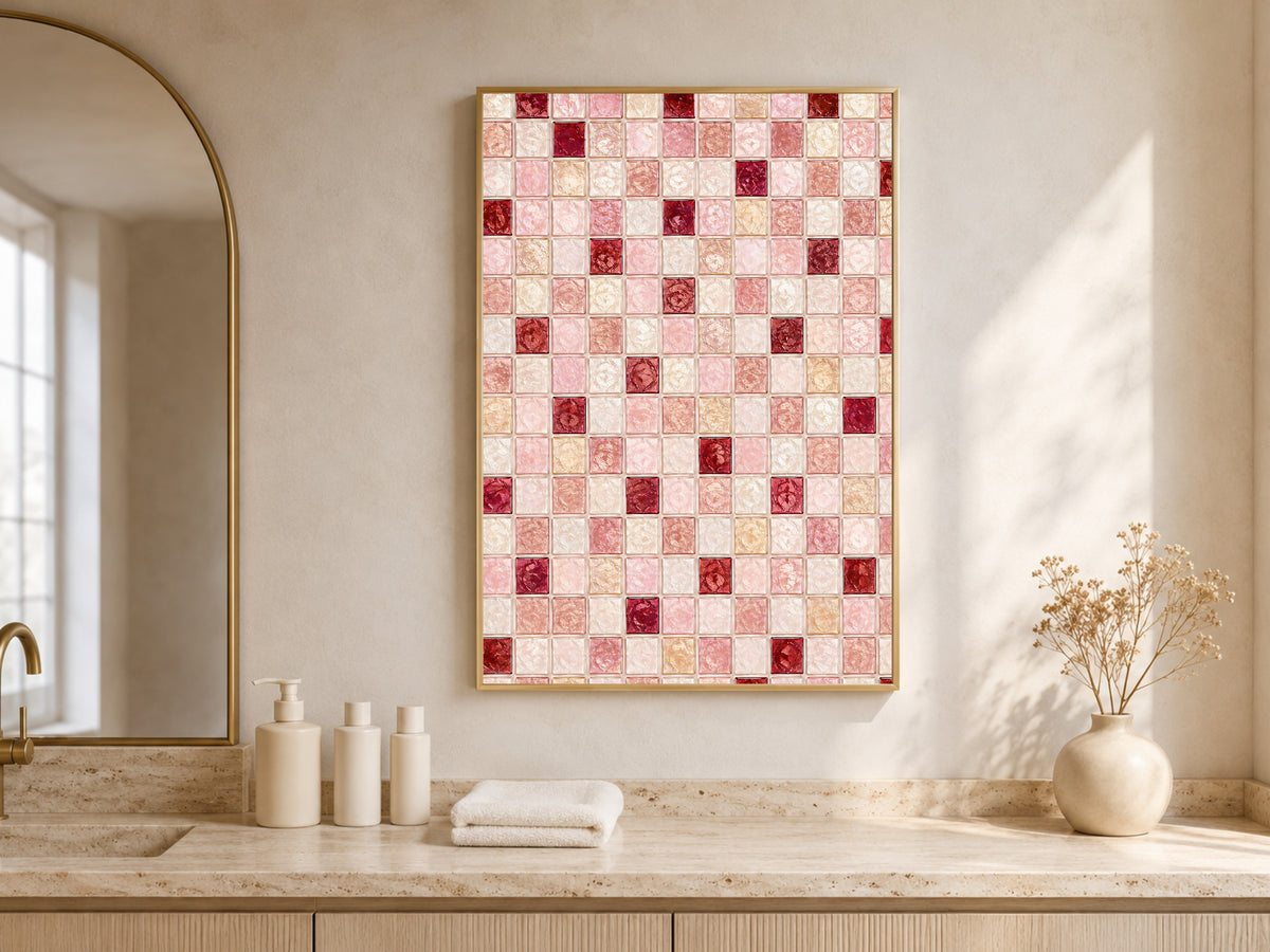 Dusty rose mosaic wall art framed above a bathroom counter with a mirror and neutral decor