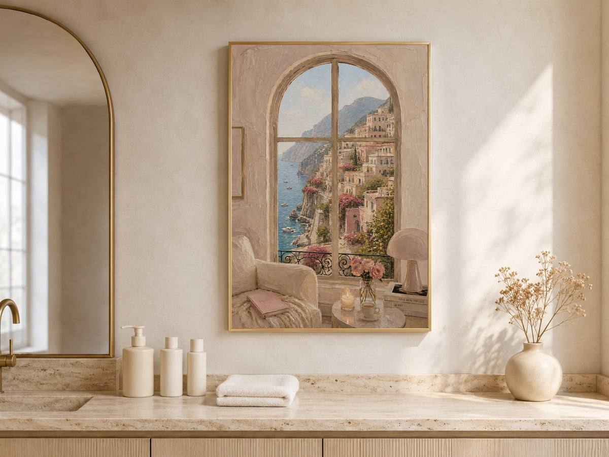 Amalfi Coast Window View Wall Art, Positano Impasto Print - Digital Download