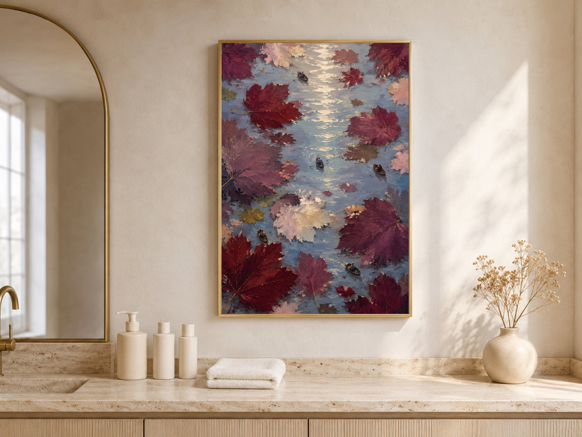 Aerial rowboat wall art framed above vanity in neutral spa-style bathroom decor