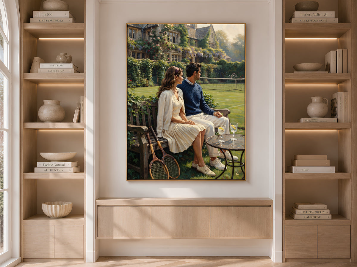 Old Money Tennis Couple Wall Art, Vintage English Countryside Oil Painting Print - Digital Download