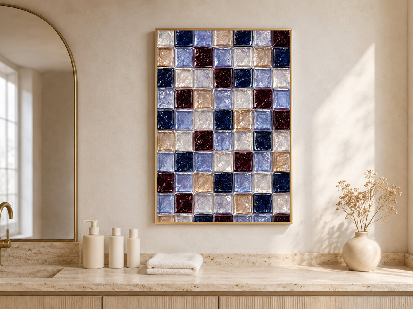 Navy and burgundy tile print framed above a bathroom vanity counter with candles