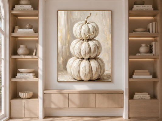White Pumpkin Wall Art, Impasto Oil Painting Print - Digital Download