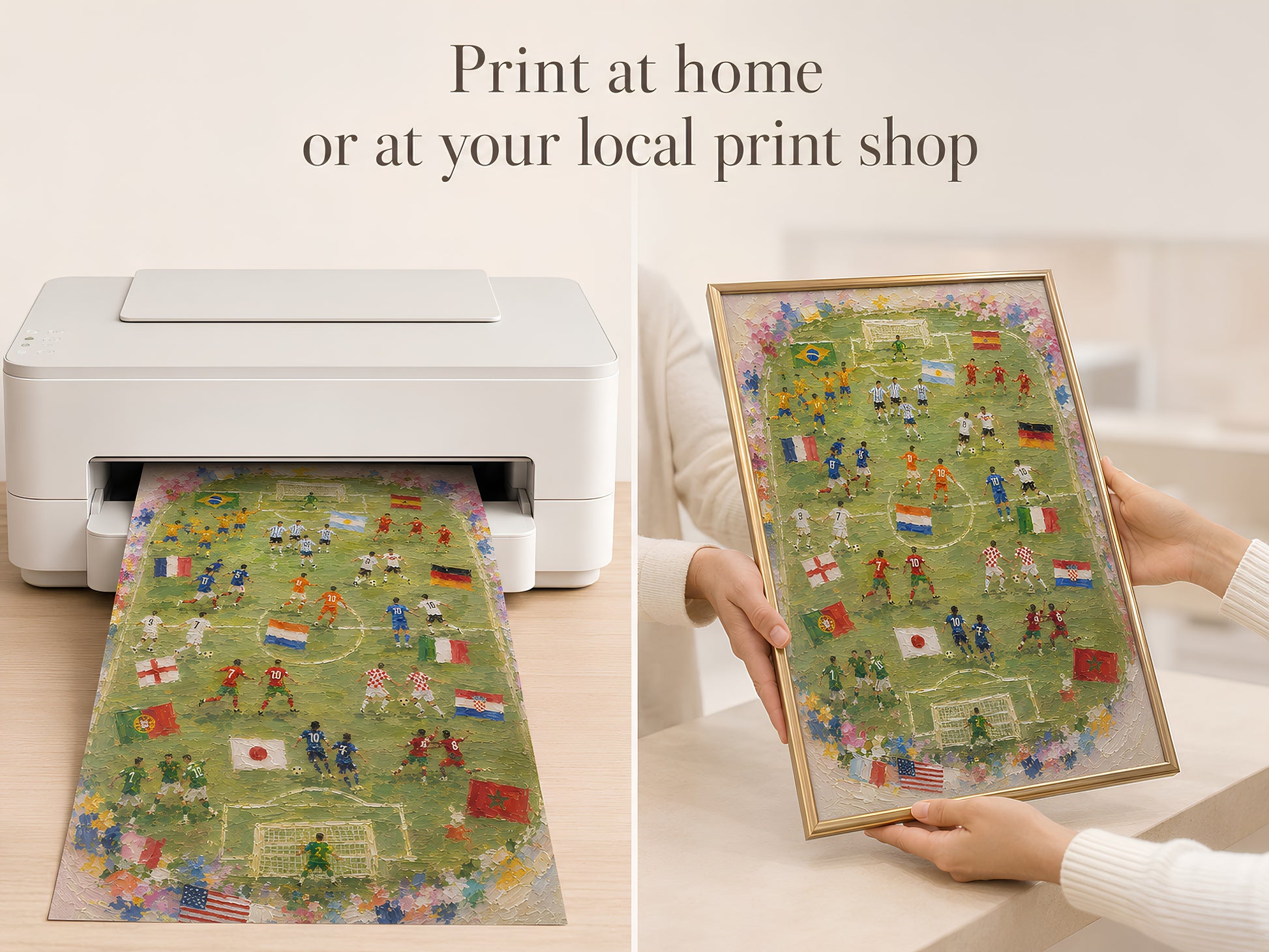 Print at home or at your local print shop lifestyle slide showing hands pulling the World Cup 2026 football art print from a white home printer
