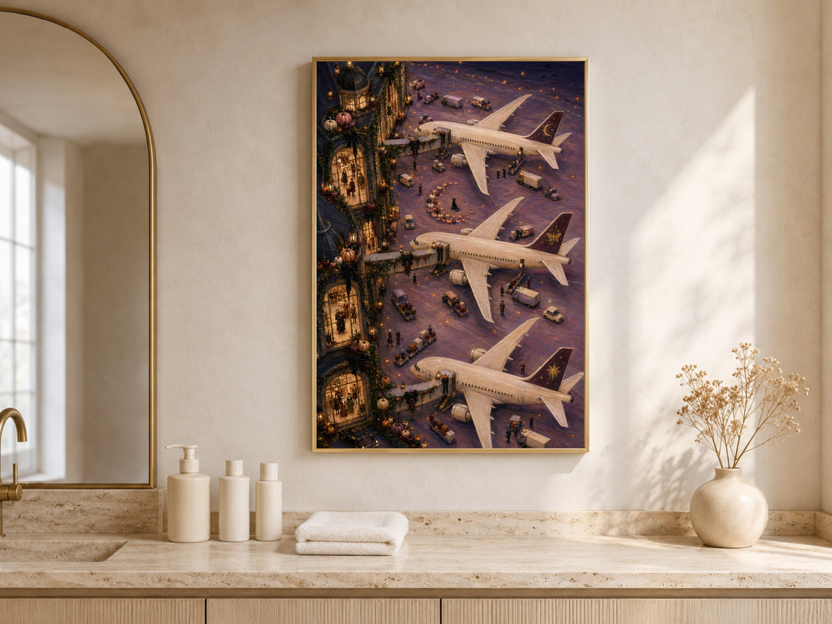 Gothic Halloween print framed above bathroom counter styled with candles