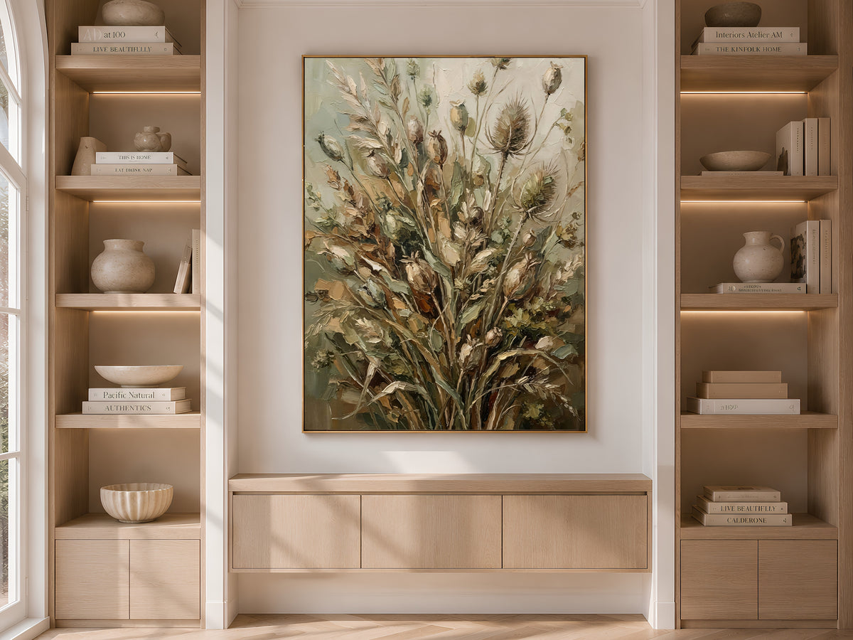 Dried Botanical Wall Art, Sage Green Impasto Oil Painting - Digital Download