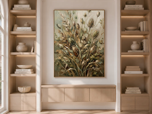 Dried Botanical Wall Art, Sage Green Impasto Oil Painting - Digital Download