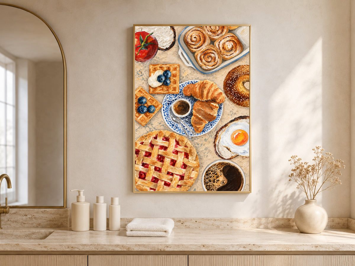 Brunch flat lay wall art above a sunlit kitchen counter