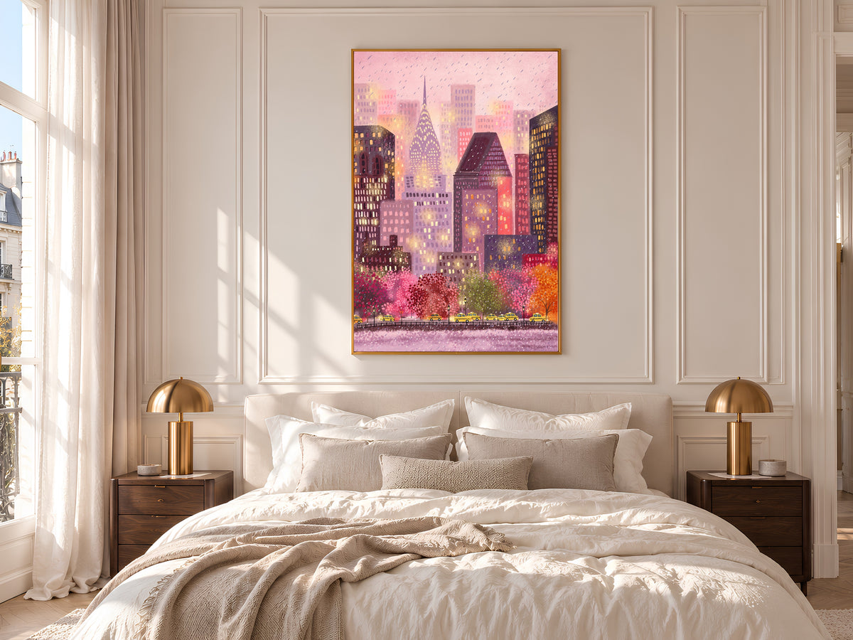 Pink New York City Art Print, Rainy Day NYC Skyline Illustration with Yellow Taxis, Whimsical Gouache Style City Decor, Digital Download