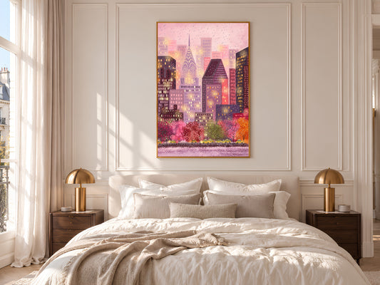 Pink New York City Art Print, Rainy Day NYC Skyline Illustration with Yellow Taxis, Whimsical Gouache Style City Decor, Digital Download
