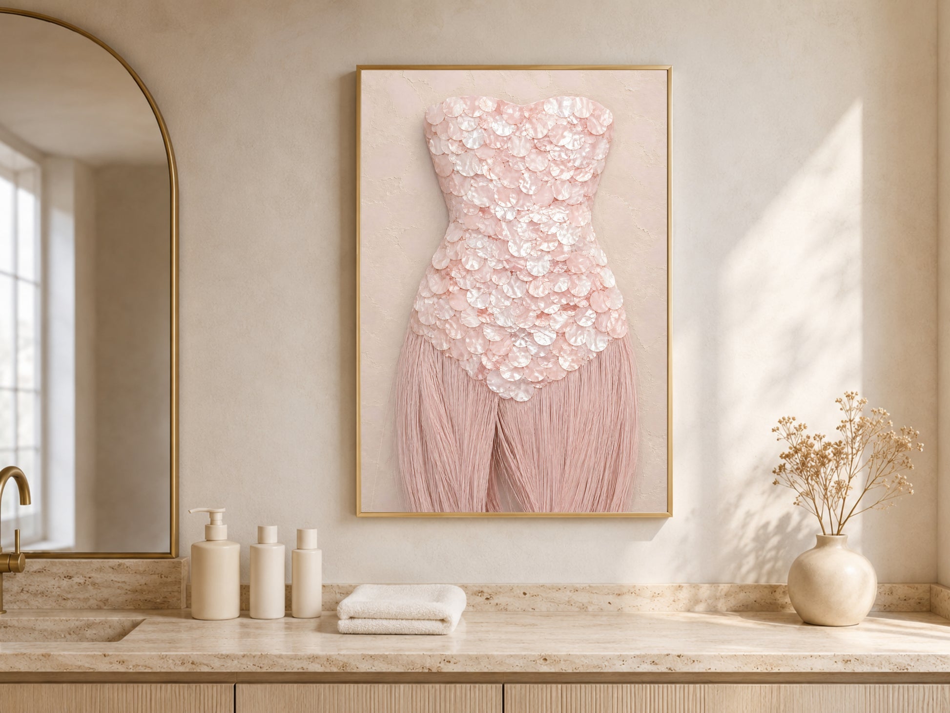 Rose quartz mother of pearl wall art framed in gold, displayed on a bathroom vanity counter.