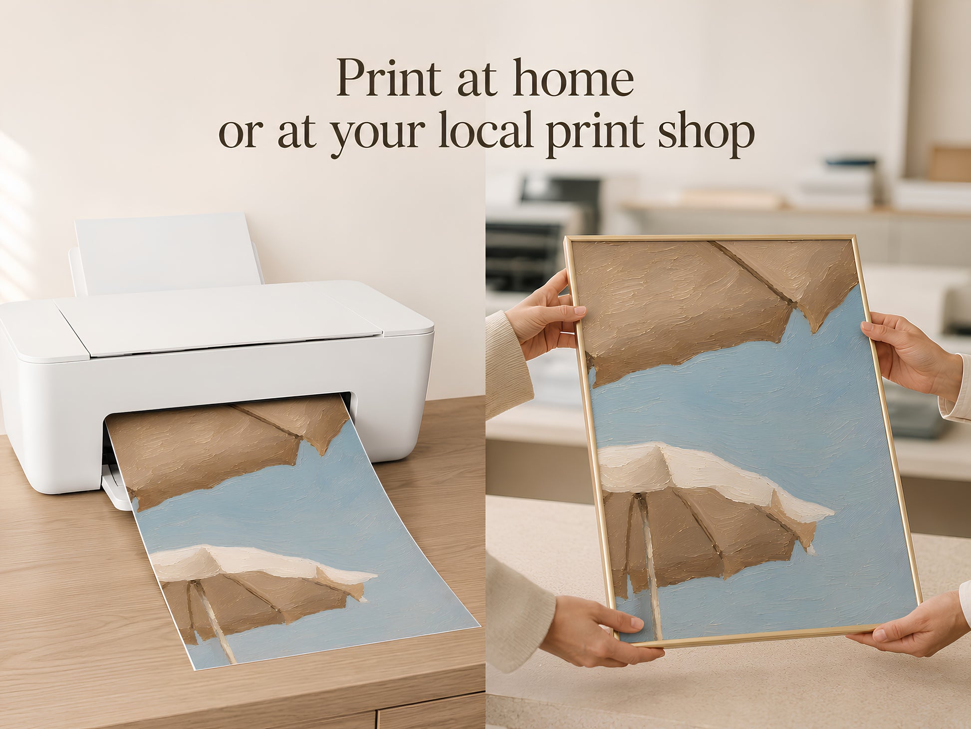 Print at home or at your local print shop lifestyle slide showing hands pulling the beach umbrella art print from a white home printer

