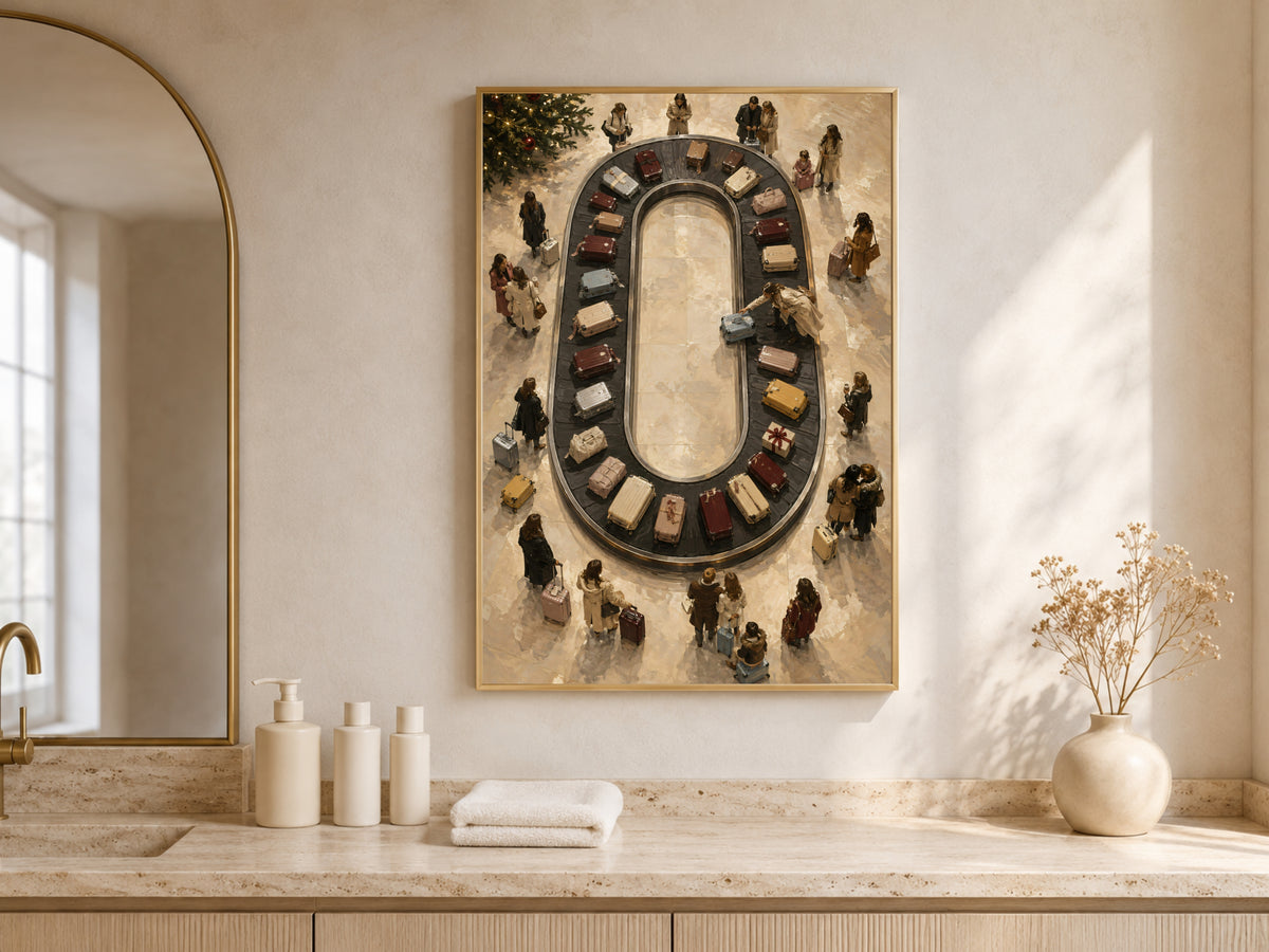 Luggage carousel print framed above bathroom counter styled with candles