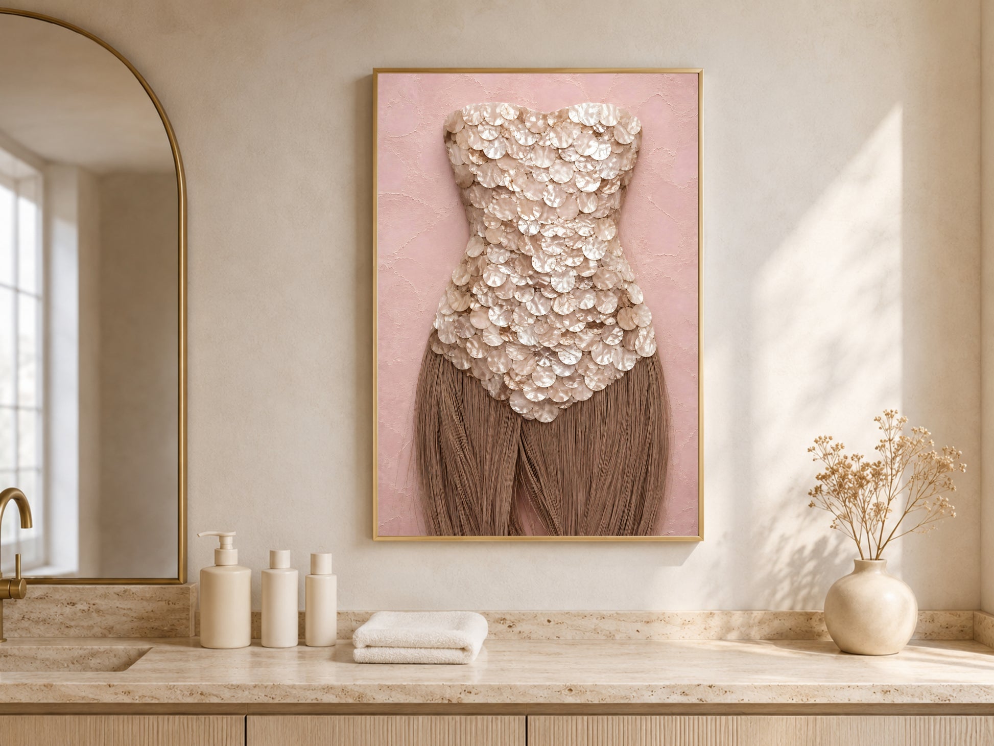 Mother of pearl wall art framed in gold, hung above a bathroom vanity with soft arched natural light.