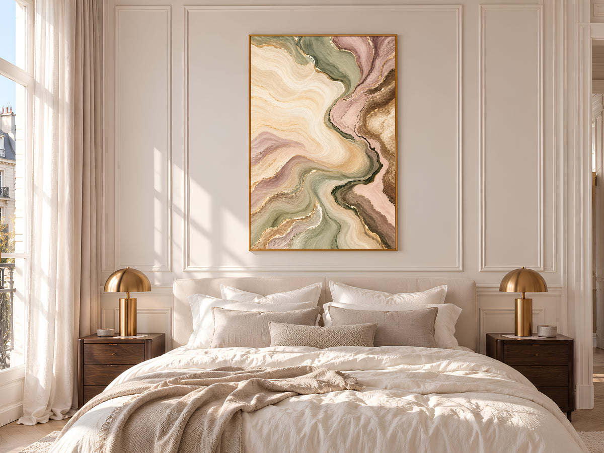 Sage Green and Blush Abstract Wall Art, Marble Swirl Painting Print with Gold Veins, Printable Pastel Neutral Decor, Digital Download