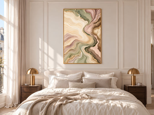 Sage Green and Blush Abstract Wall Art, Marble Swirl Painting Print with Gold Veins, Printable Pastel Neutral Decor, Digital Download