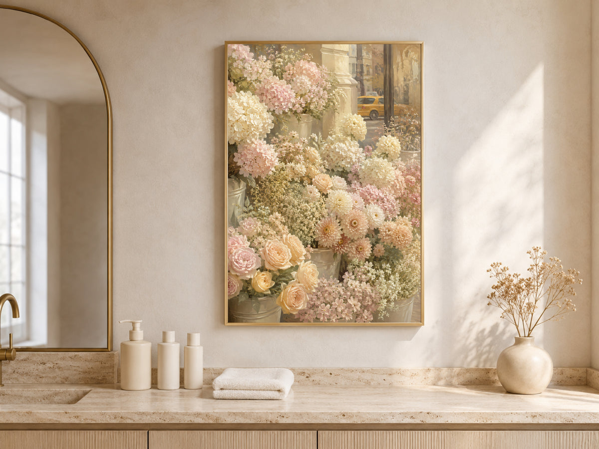 Flower Market Wall Art, Pastel Floral Print, Painterly City Flowers Painting - Digital Download