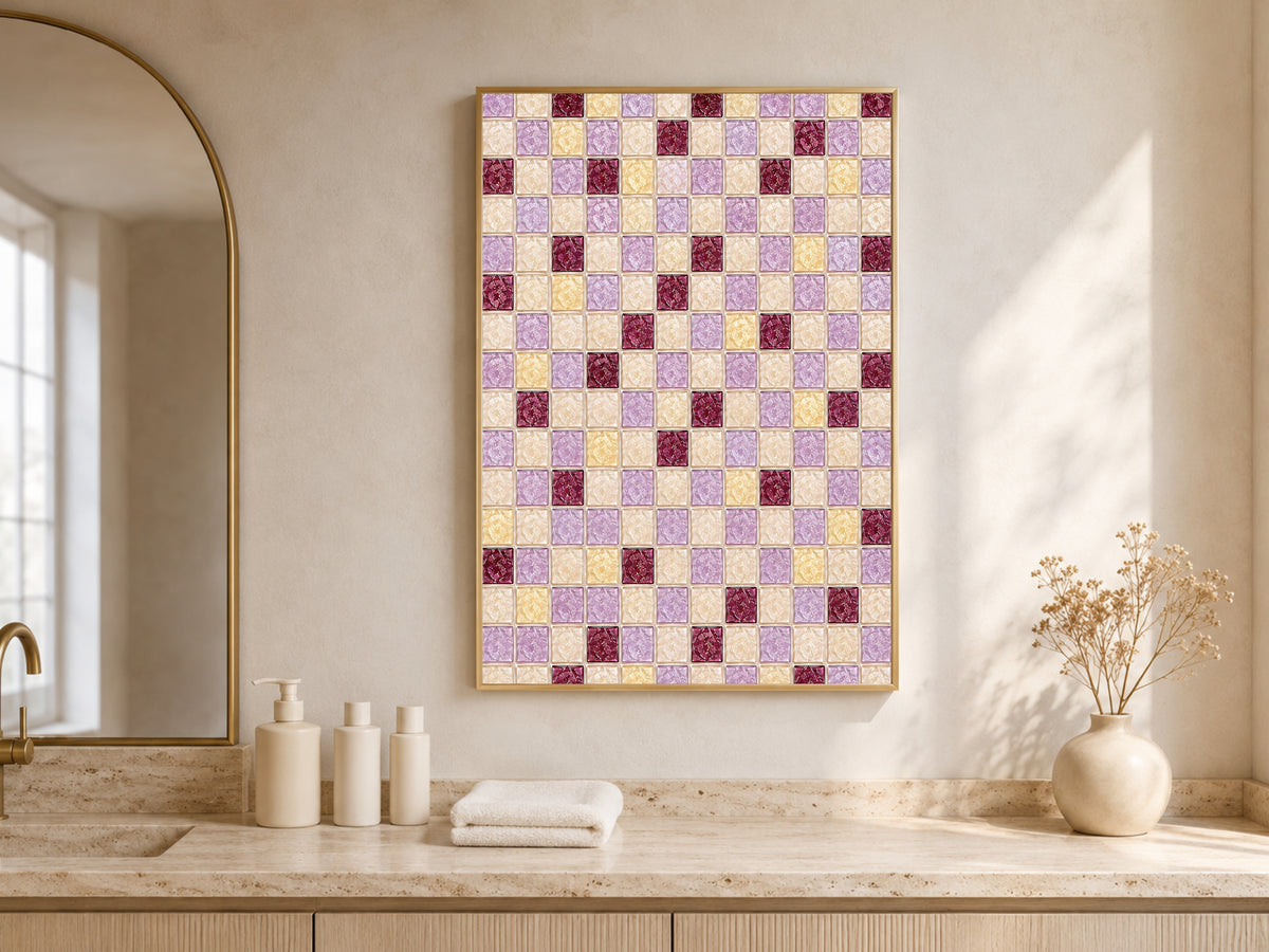 Purple mosaic wall art framed above a bathroom counter with a window and neutral towels