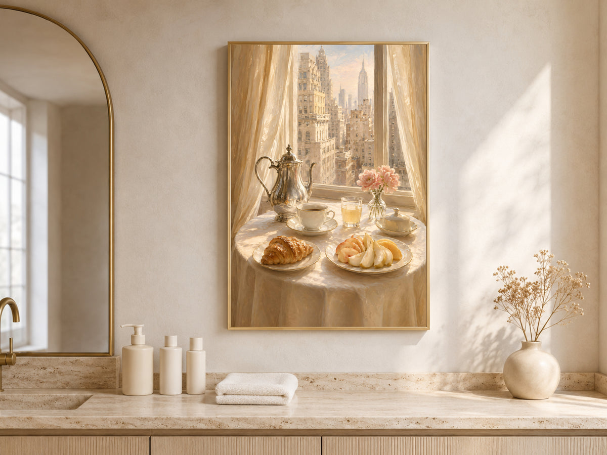Breakfast Still Life Wall Art, Old Money Aesthetic Print, NYC Skyline Painting - Digital Download