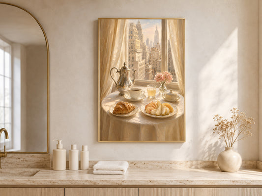 Breakfast Still Life Wall Art, Old Money Aesthetic Print, NYC Skyline Painting - Digital Download