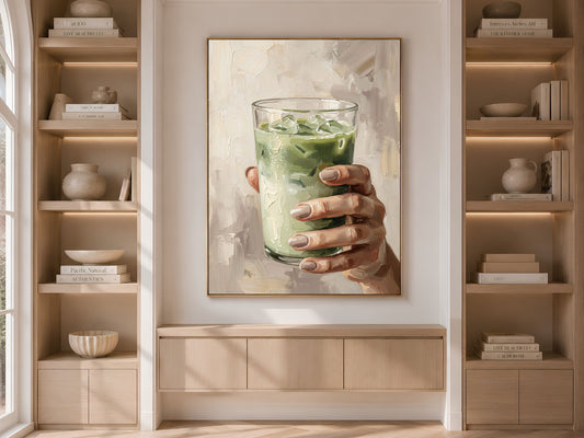 Matcha Latte Wall Art, Impasto Oil Painting Print - Digital Download