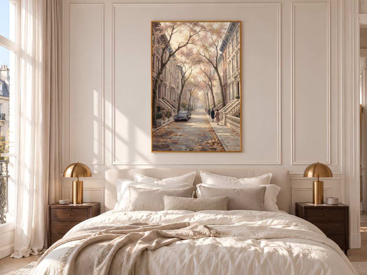 Autumn Brownstone Street Painting Print, Vintage Fall City Art, Pastel Tree Lined Street Wall Art, Digital Download