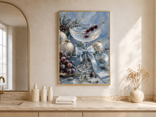 Christmas cocktail print framed above a bathroom vanity beneath an arched window
