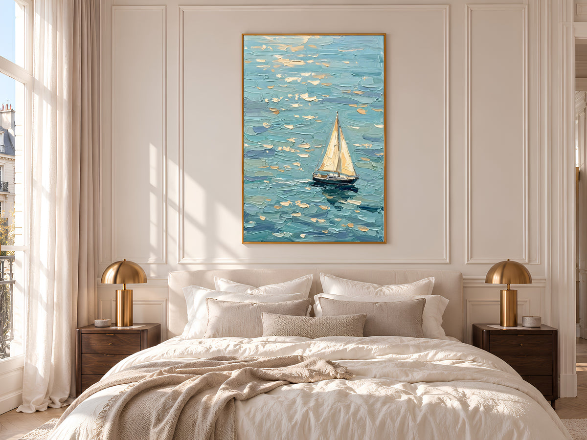 Sailboat Painting Print, Turquoise Ocean Wall Art with Single Sailboat, Textured Impasto Style Seascape, Coastal Printable, Digital Download