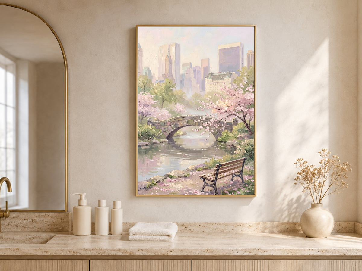Central Park Cherry Blossom Print, Gapstow Bridge NYC Spring Wall Art - Digital Download