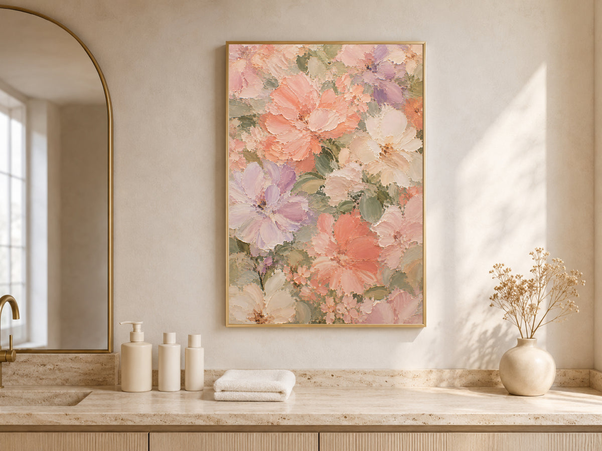 Pastel floral wall art print framed above a vanity in a sunlit arched-window room