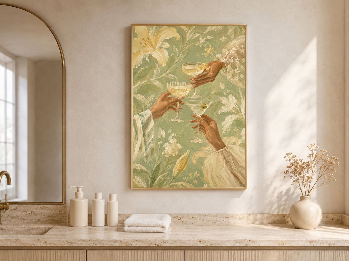 Cheers Cocktail Wall Art, Butter Yellow Floral Print - Digital Download