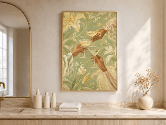 Cheers Cocktail Wall Art, Butter Yellow Floral Print - Digital Download