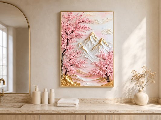 Cherry blossom mountain print in a gold frame above a bathroom double vanity with warm wood cabinetry
