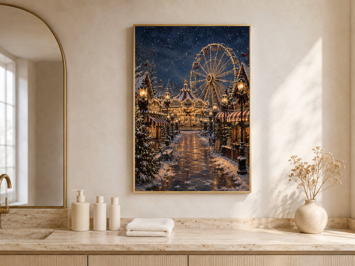 Christmas ferris wheel wall art print of a snowy carnival street framed in gold, hung on a dusty mauve wall