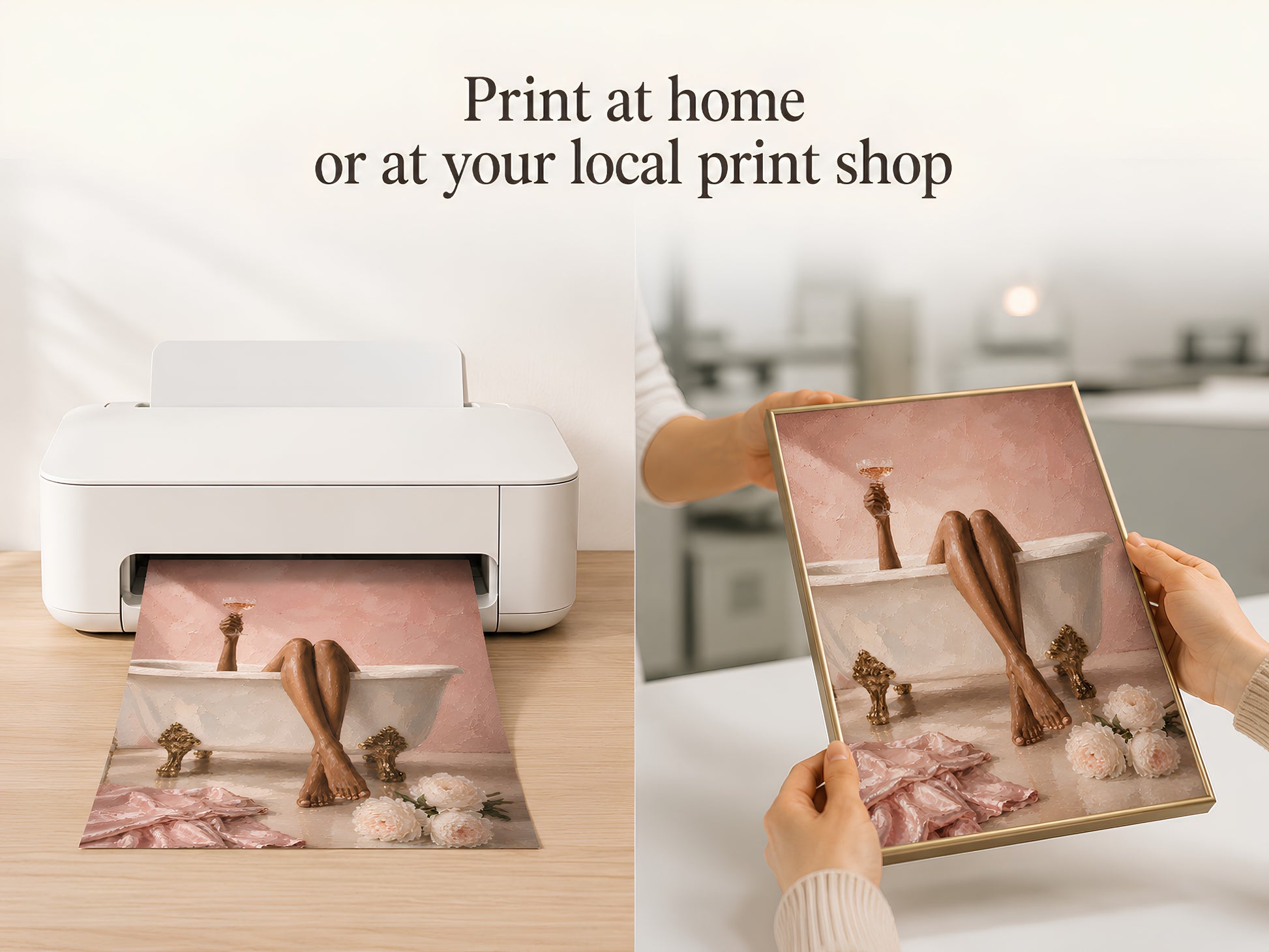Print at home or at your local print shop lifestyle slide showing hands removing the blush bath art print from a white home printer