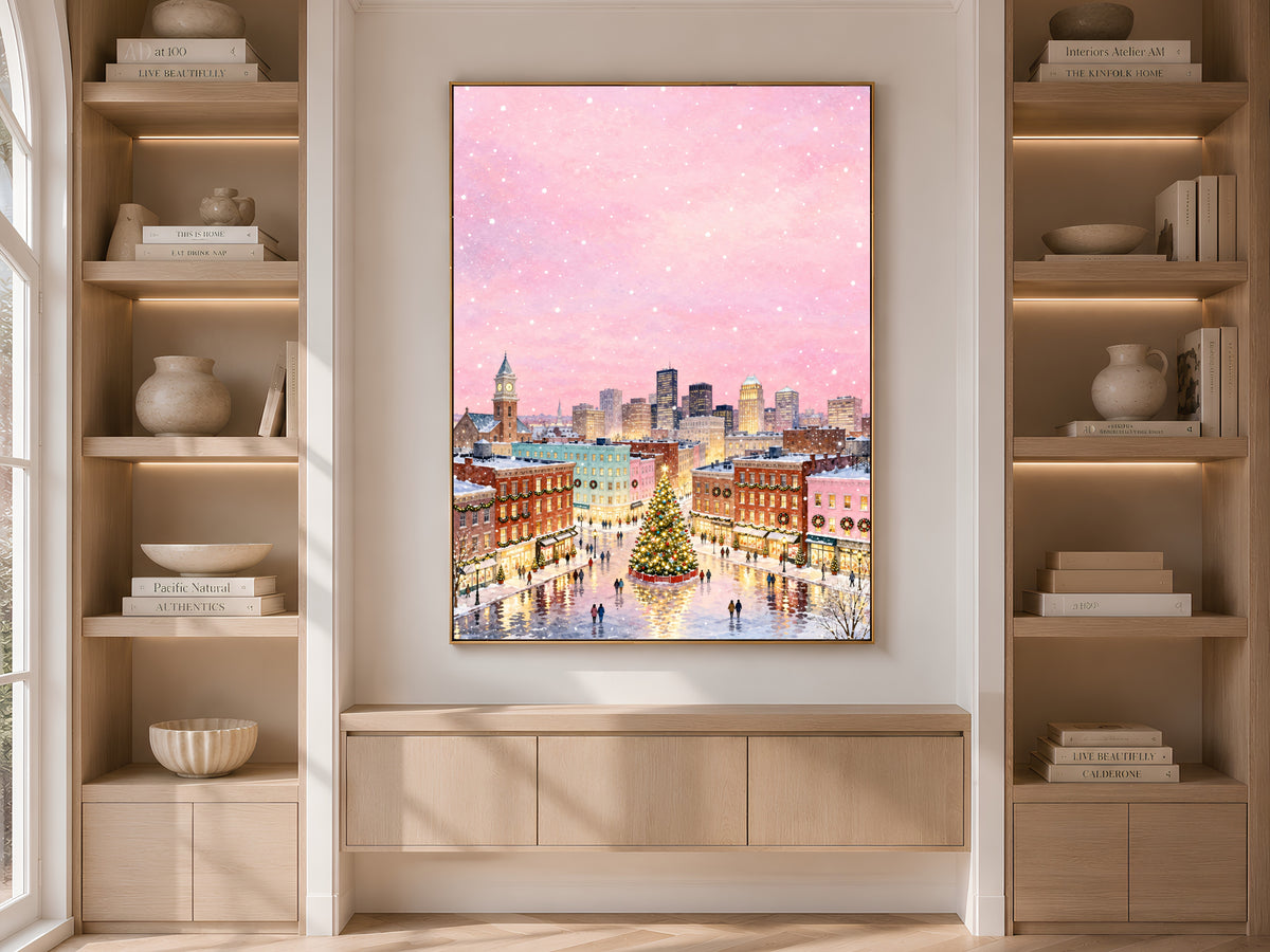 Pink Christmas Town Painting, Snowy City Christmas Tree Print, Pastel Winter Skyline Wall Art, Holiday Decor, Printable Digital Download