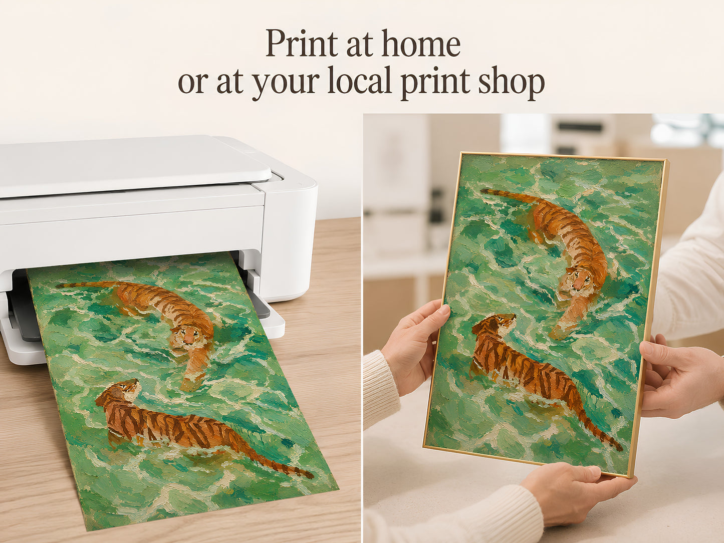 Print at home mockup showing the emerald green swimming tiger art printing from a white home printer with two hands holding the freshly printed sheet
