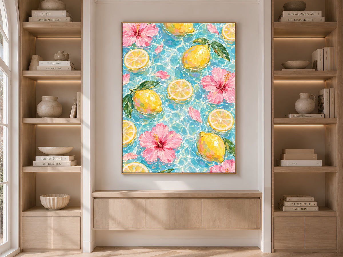 Lemon Hibiscus Pool Art Print, Amalfi Summer Wall Art - Digital Download