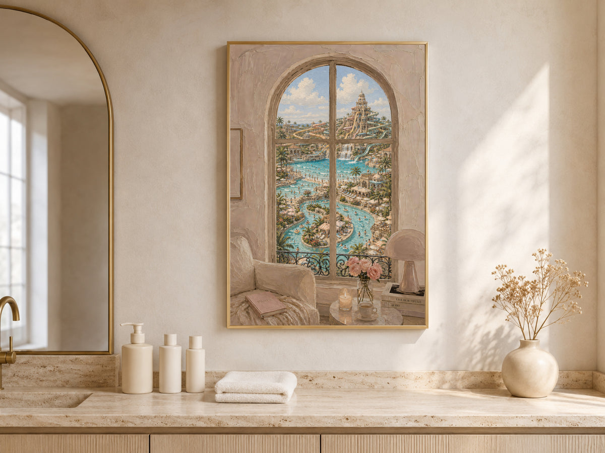 Water Park Window Wall Art, Resort Pool View Print - Digital Download