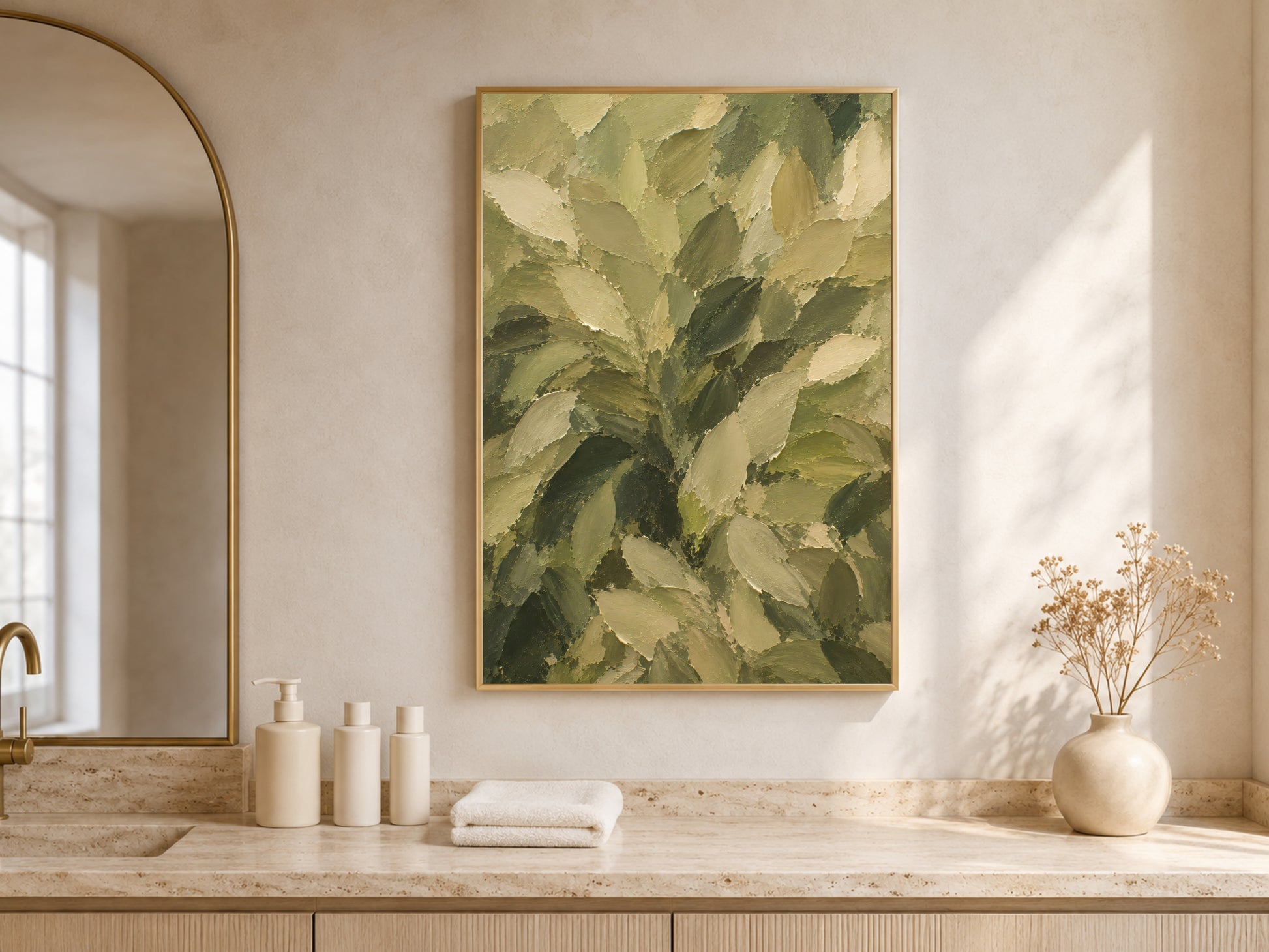 Olive green leaf wall art print framed above a bathroom vanity in a warm neutral room