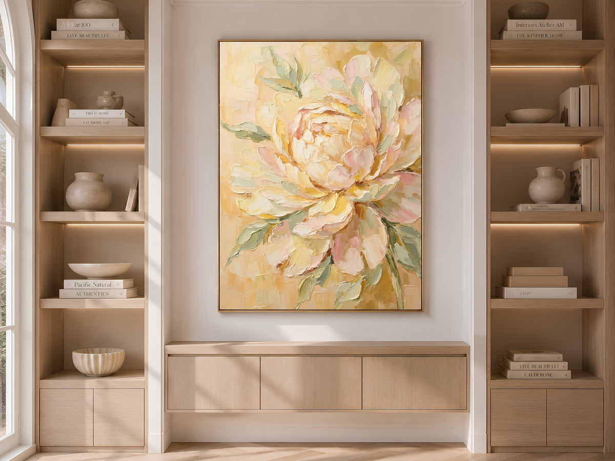 Butter Yellow Peony Wall Art, Blush Pink Impasto Floral Print - Digital Download